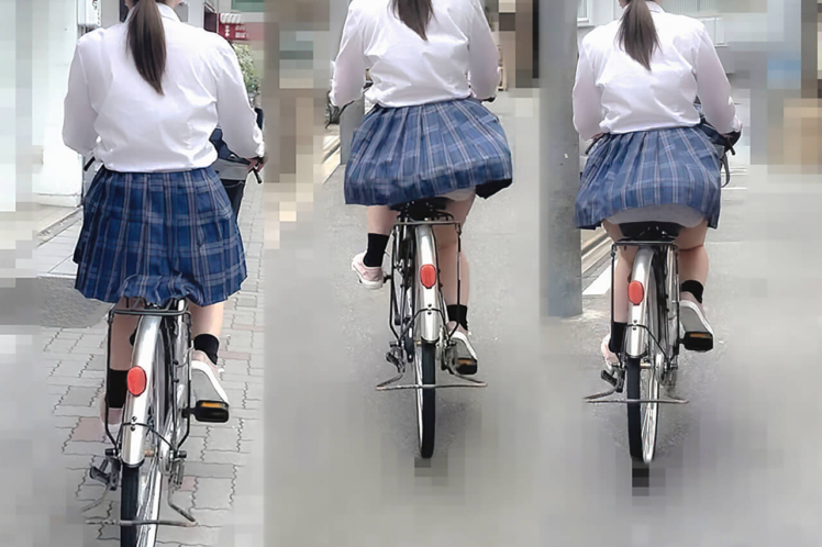 【自転車パンチラ】制服女子の純白パンティ。繁華街を疾走する姿に興奮【追いかけ】